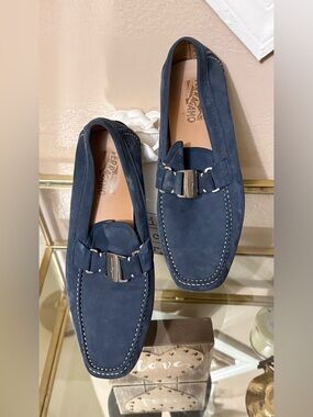 Salvatore Ferragamo Navy Suede Bit Loafers with Contrast Stitching
